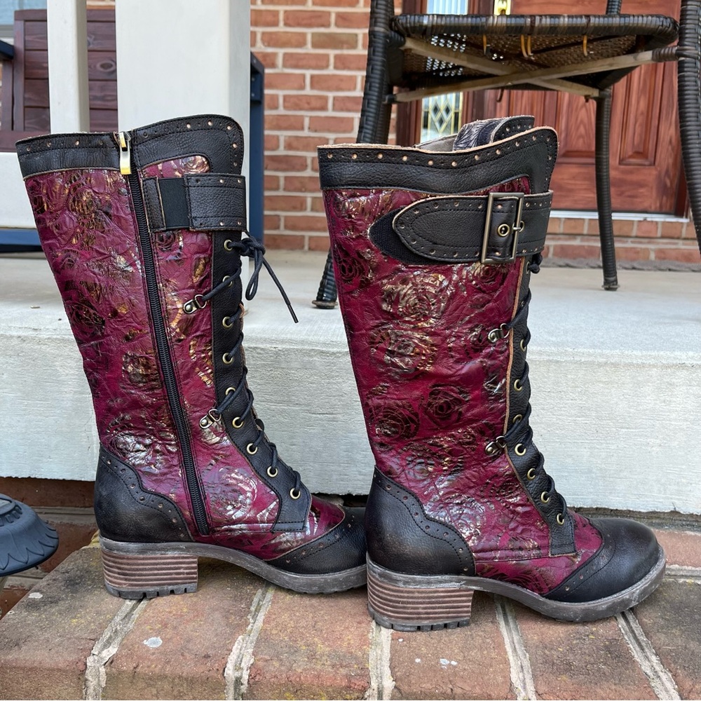 L'Artiste by Spring Step Black Red Kisha Mid Calf Lace Up Genuine Leather Boots
